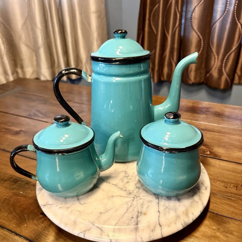 VTG 1960s MCM 60s OTO Japan Enamel Tea Pot Creamer Sugar Set Turquiose & Black
